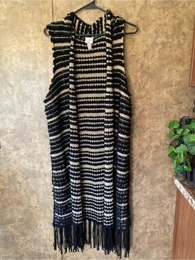 Chicos 2 Metallic Beige Black Long Duster Cover Up Fringe Vest Top Large Boho